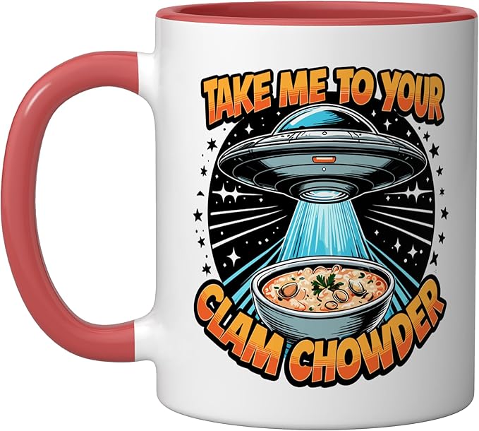 Take Me to Your Clam Chowder UFO Abduction Clam Chowder Ceramic Mug, Red/White