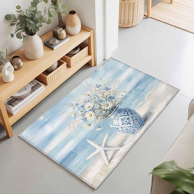 Area Rug 2x3ft, Summer Beach Starfish Flower Washable Rugs for Living Room Bedroom, Marine Theme Daisy Vase Soft Non-Slip Area Rugs Rectangle Floor Carpet for Dining Room