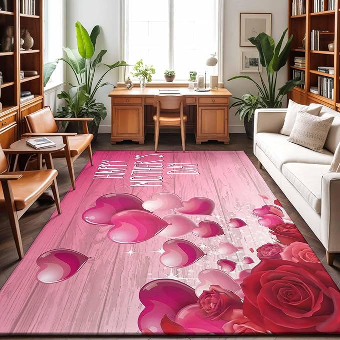 Area Rug 4x6ft, Mother's Day Love Balloon Rose Washable Rugs for Living Room Bedroom, Gradient Pink Wood Grain Soft Non-Slip Area Rugs Rectangle Floor Carpet for Dining Room