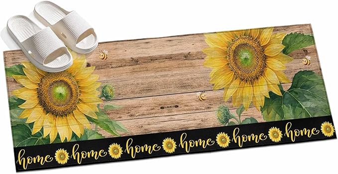 Runner Rug for Bedroom Hallway, Summer Sunflowers Bees Kitchen Runner Rugs Area Rug 2x6ft, Farmhouse Wood Background Washable Soft Floor Carpet for Entryway Stair