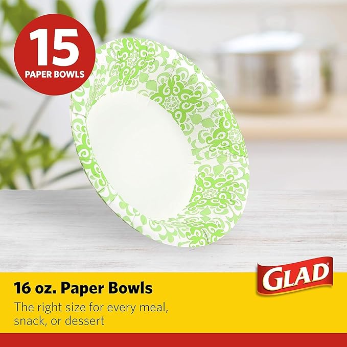 Glad Round Disposable Paper Bowls, Green Victorian Design - Heavy Duty, Soak-Proof, Cut-Resistant, Microwavable Paper Bowls for All Foods and Daily Use, 16 oz, 15 Count - 2 Pack