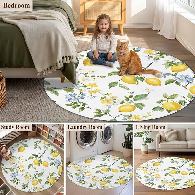 Washable Round Area Rug Summer Watercolor Lemon Flower Circle Rugs Floor Carpet for Living Room Bedroom, Spring Farm Fruit Green Leaf Soft Non Slip Round Rug 3ft