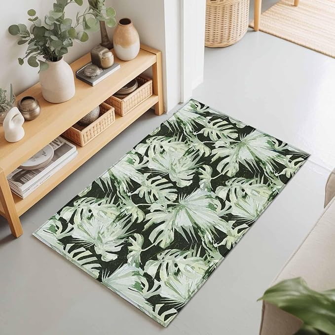 Area Rug 2x3ft, Abstract Dark Green Palm Leaves Washable Rugs for Living Room Bedroom, Watercolor Plants Soft Non-Slip Area Rugs Rectangle Floor Carpet for Dining Room