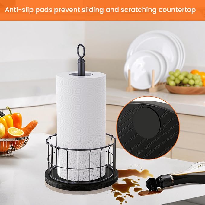 Homode Paper Towel Holder Countertop, Free-Standing Paper Towel Rack with Heavy Duty Wood Base, Industrial Paper Towel Roll Stand for Kitchen Counter, Fits Standard and Jumbo Size Rolls, Black