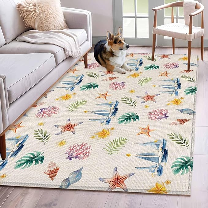 Area Rug 4x6ft, Summer Sea Starfish Sailboat Washable Rugs for Living Room Bedroom, Marine Life Coral on Linen Soft Non-Slip Area Rugs Rectangle Floor Carpet for Dining Room