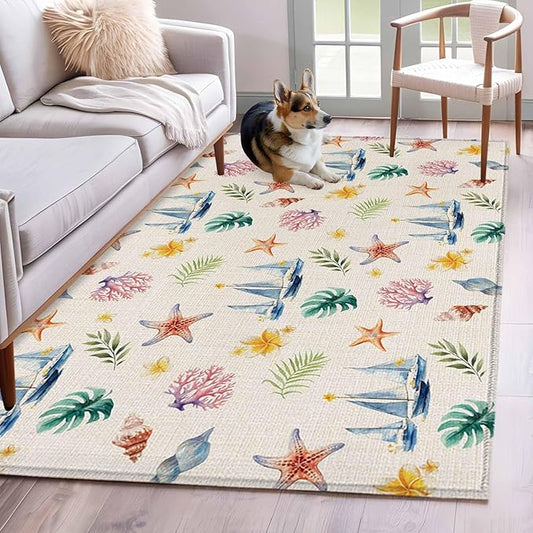 Area Rug 3x5ft, Summer Sea Starfish Sailboat Washable Rugs for Living Room Bedroom, Marine Life Coral on Linen Soft Non-Slip Area Rugs Rectangle Floor Carpet for Dining Room