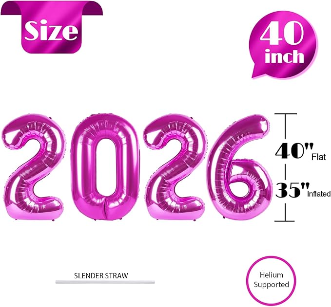 Rosy Purple 2026 Number Balloon, Rosy Purple Number Balloons 40 Inch, 2026 Balloon Birthday Decorations, 2026 Birthday Party Supplies, 2026 Graduation Party Favors, Class of 2026 Decorations