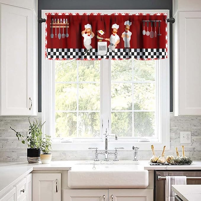 Funny Chef Kitchen Valance, Red Checkered Cartoon Chef Cooking Scene Rod Pocket Window Curtain for Kitchen Dining Resturant Bedroom Home Decor, 54x18Inch