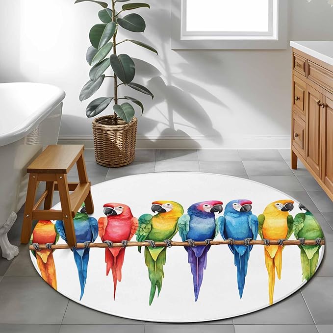 Washable Round Area Rug Funny Watercolor Parrot Circle Rugs Floor Carpet for Living Room Bedroom, Red Green Blue Gradient Bird Soft Non Slip Round Rug 3ft