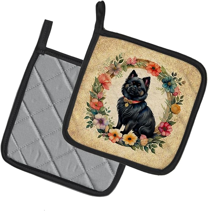 Caroline's Treasures German Spitz and Flowers Pair of Pot Holders Kitchen Heat Resistant Pot Holders Sets Oven Hot Pads for Cooking Baking BBQ, 7 1/2 x 7 1/2