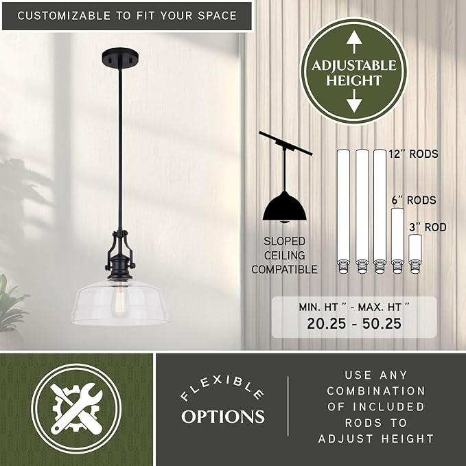 VAXCEL Beloit 1 Light Matte Black Farmhouse Pendant Light with Clear Glass Dome