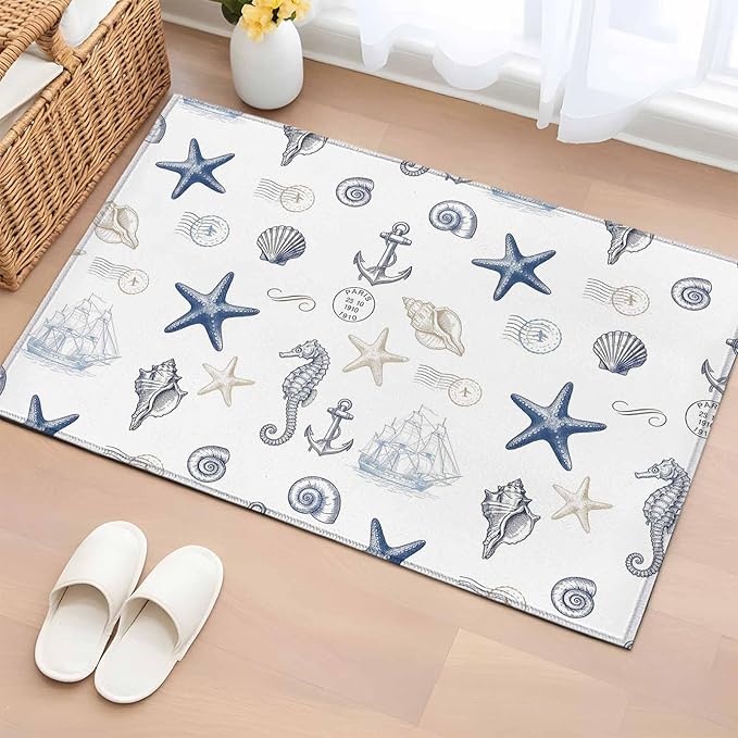Area Rug 2x3ft, Ocean Starfish Seahorse Shell Conch Washable Rugs for Living Room Bedroom, Nautical Compass Anchor Soft Non-Slip Area Rugs Rectangle Floor Carpet for Dining Room