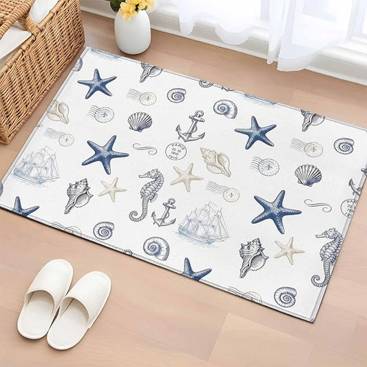 Area Rug 2x3ft, Ocean Starfish Seahorse Shell Conch Washable Rugs for Living Room Bedroom, Nautical Compass Anchor Soft Non-Slip Area Rugs Rectangle Floor Carpet for Dining Room