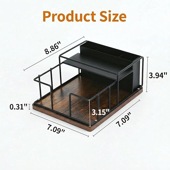 Napkin Holder for Table, 3-in-1 Wood & Metal Utensil Caddy, Cutlery Organizer & Spice Rack for Kitchen Counter, Dining, Outdoor Patio (Black)