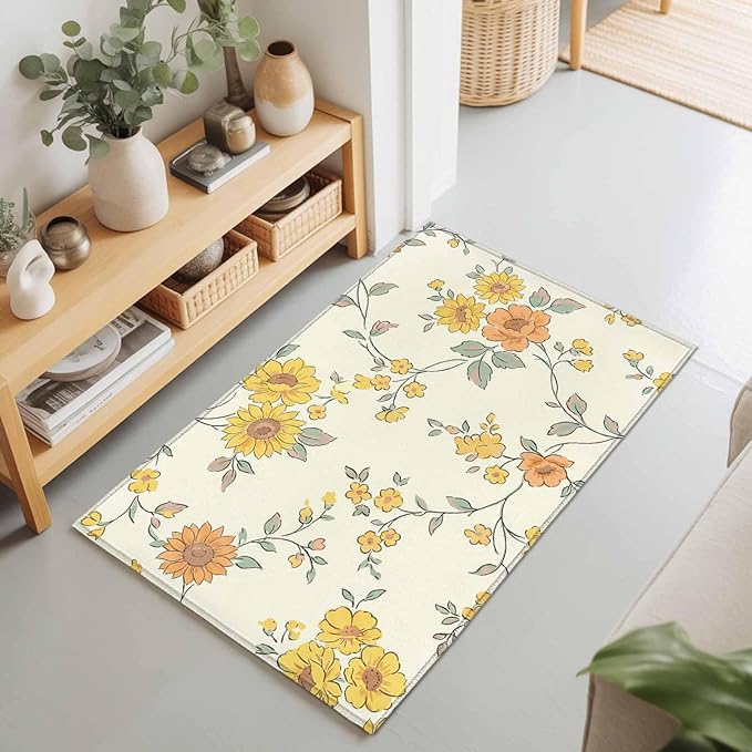Area Rug 2x3ft, Orange Yellow Flowers Wild Vines Washable Rugs for Living Room Bedroom, Watercolor Floral Soft Non-Slip Area Rugs Rectangle Floor Carpet for Dining Room