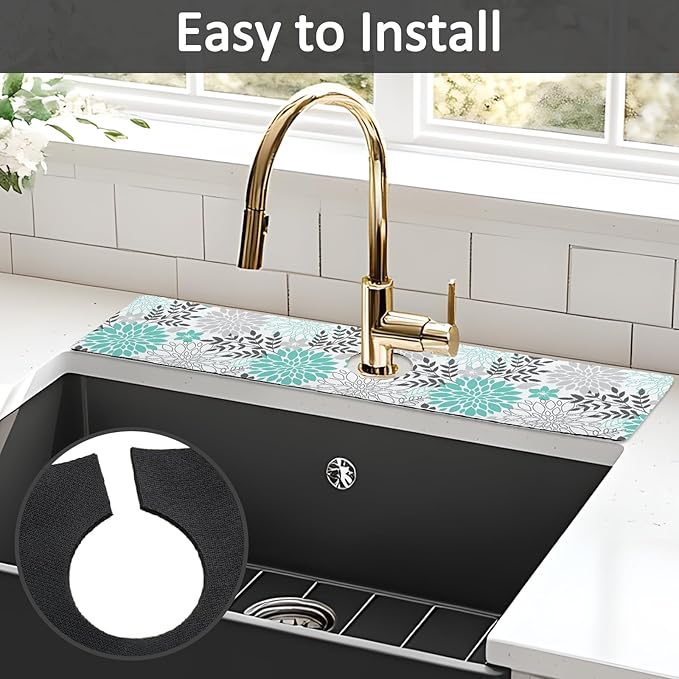 24" X 5.5" Kitchen Sink Splash Guard Faucet Mat Flora Super Absorbent Fast Drying Faucet Guard & Draining Mat Sink Splash Guard Behind Faucet for Kitchen, Bathroom