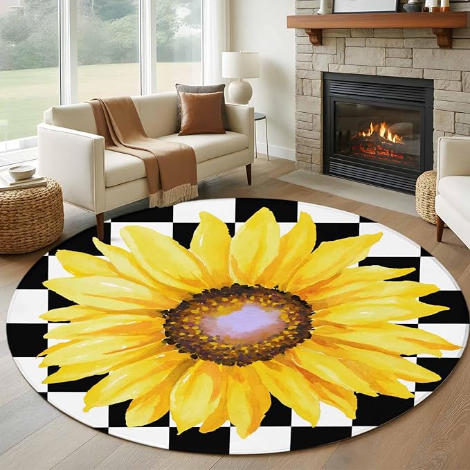 Washable Round Area Rug Watercolor Sunflower on Checkered Circle Rugs Floor Carpet for Living Room Bedroom, Yellow Black White Soft Non Slip Round Rug 5ft