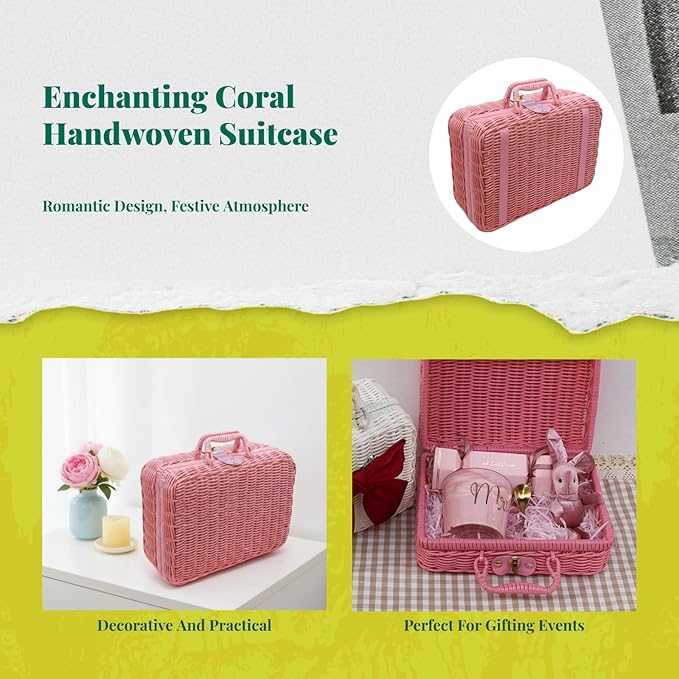 Woven Suitcase Imitation Rattan Storage Basket Gift Box Rustic Picnic Suitcase Handwoven Storage Case for Travelling Bathroom, Pink M