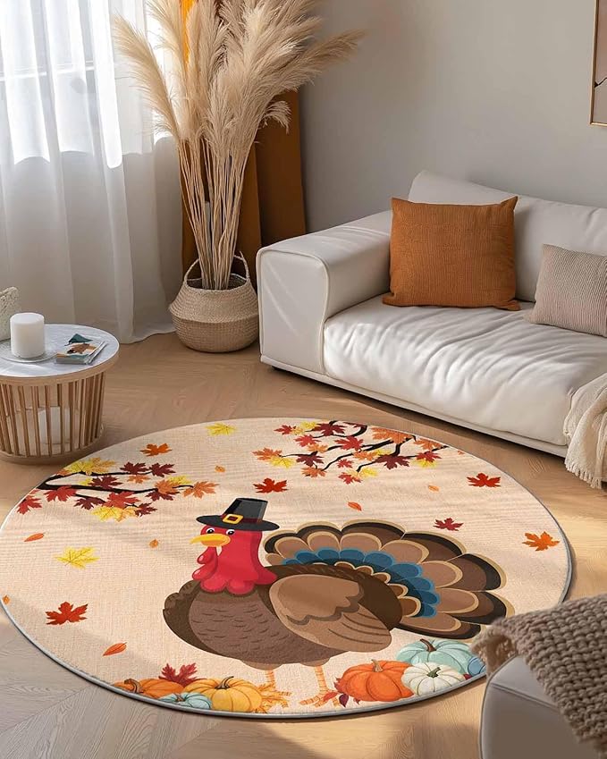 Round Area Rug,Turkey Orange Fallen Leaves Thanksgiving Pumpkin Circle Living Room Rug Non-Slip Rugs Indoor Carpet,Vintage Linen Soft Comfort Rugs for Bedroom KidsRoom Nursery