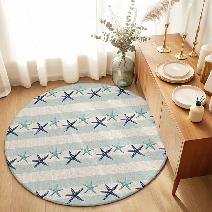 Washable Round Area Rug Summer Ocean Blue Teal Starfish Circle Rugs Floor Carpet for Living Room Bedroom, Sea Star on Farmhouse Linen Soft Non Slip Round Rug 5ft