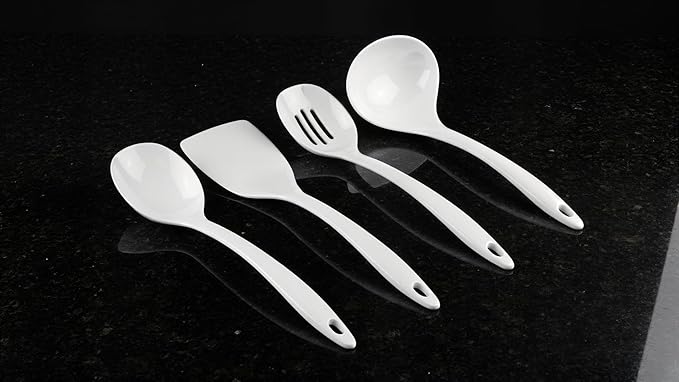 Reston Lloyd 100% Melamine Kitchen Utensil Set, Non Scratching Ladle, Spoon, Slotted Spoon & Spatula, Easy To Hold, Set of 4, White
