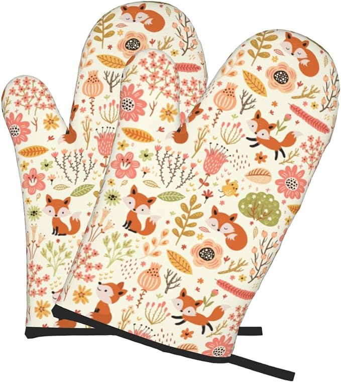 Cute Fox Pattern Oven Mitts of 2-Pack Set, Funny Kitchen Gloves Heat Resistant Non-Slip Kitchen Mitts Safe Cooking Baking Grilling