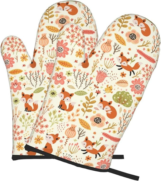 Cute Fox Pattern Oven Mitts of 2-Pack Set, Funny Kitchen Gloves Heat Resistant Non-Slip Kitchen Mitts Safe Cooking Baking Grilling