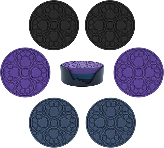 4 Inch Round Silicone Coasters Set of 6 (Black, Blue, Purple), Non-Slip Drink Coaster Set for Coffee Tables & Desks, Heat-Resistant Table Protection Mats for Home, Kitchen, Living Room, Office