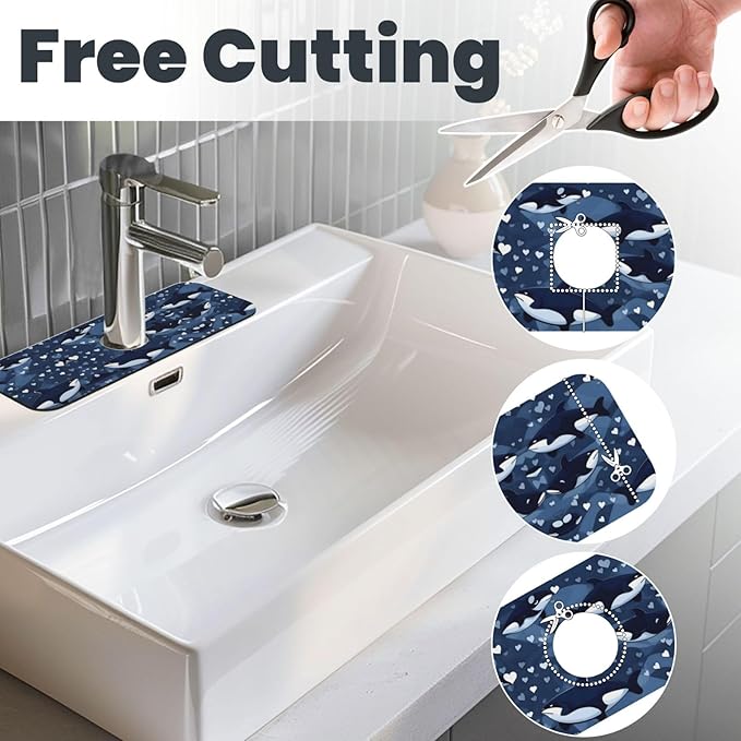 Blue Killer Whale Printed Faucet Absorbent mat, Suitable for bathrooms, Kitchens, and Other Sink Areas.