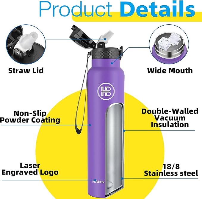 han's bottle Sports Water Bottle - 32 Oz, Straw Lid, Leak Proof, Vacuum Insulated Stainless Steel, Double Walled, Thermo Mug,Purple