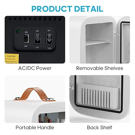 DUMOS Mini Fridge for Bedroom, 4L Compact Personal Fridge Cooler For Skincare, Drinks, And Snacks, Fits 6 Cans, Mini Refrigerator with 110V Ac/12V Dc, Ideal For Car, Dorm, White