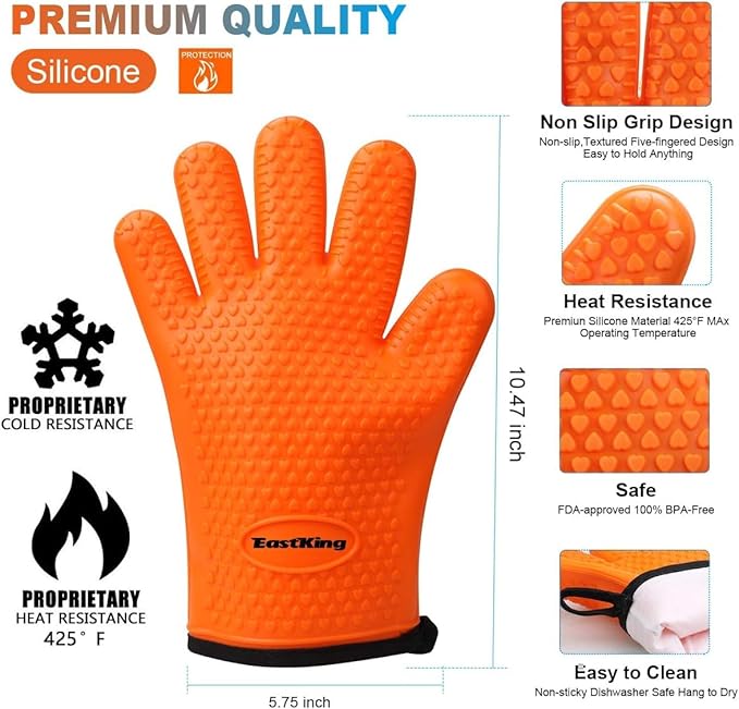 Eastking BBQ Gloves/BBQ Claws/Meat Thermometer and Silicone Brush Superior Value Premium Set (4pcs Set) - Heat Resistant/Non-Slip/Safe/Cooking/Grilling Silicone Gloves for Indoor & Outdoor (Orange)
