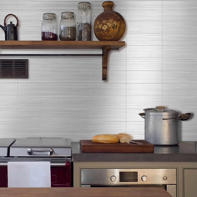 15-Pack of 12 x 4" Brushed Aluminum Peel-and-Stick Tile Backsplash Panels, Stainless Steel Backsplash
