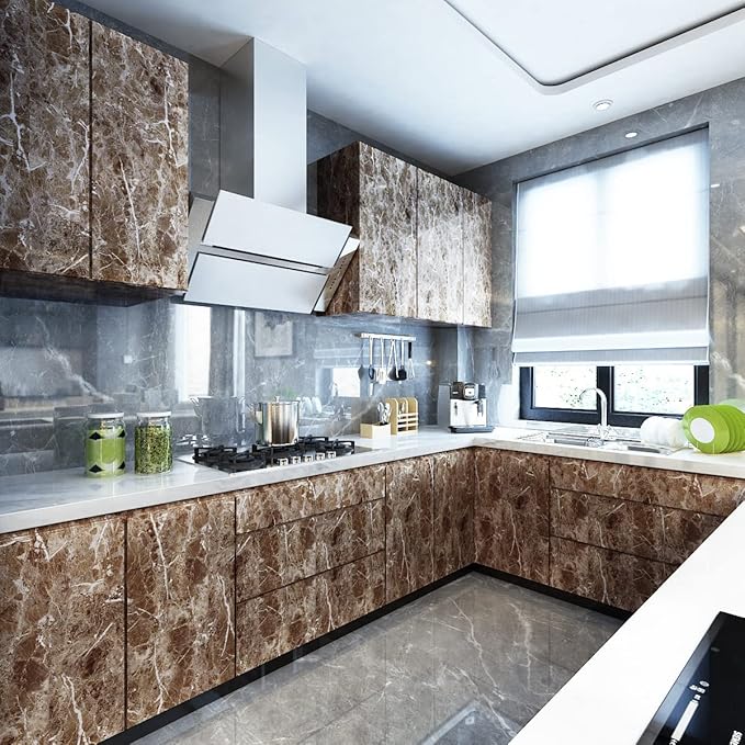 Livelynine Counter Top Covers Peel and Stick Brown Marble Contact Paper for Countertops Waterproof Wallpaper Kitchen Countertop Laminate Sheets Table Desk Cover Marble Vinyl Wrap Bathroom 15.8x78.8