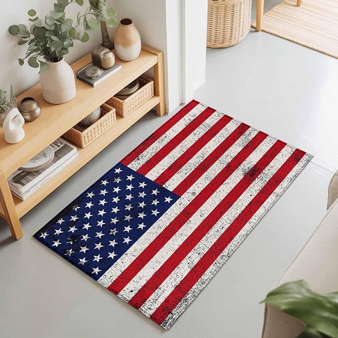 Area Rug 2x3ft, Independence Day Stars Stripes Retro Washable Rugs for Living Room Bedroom, Patriotic Flag Red Blue Soft Non-Slip Area Rugs Rectangle Floor Carpet for Dining Room