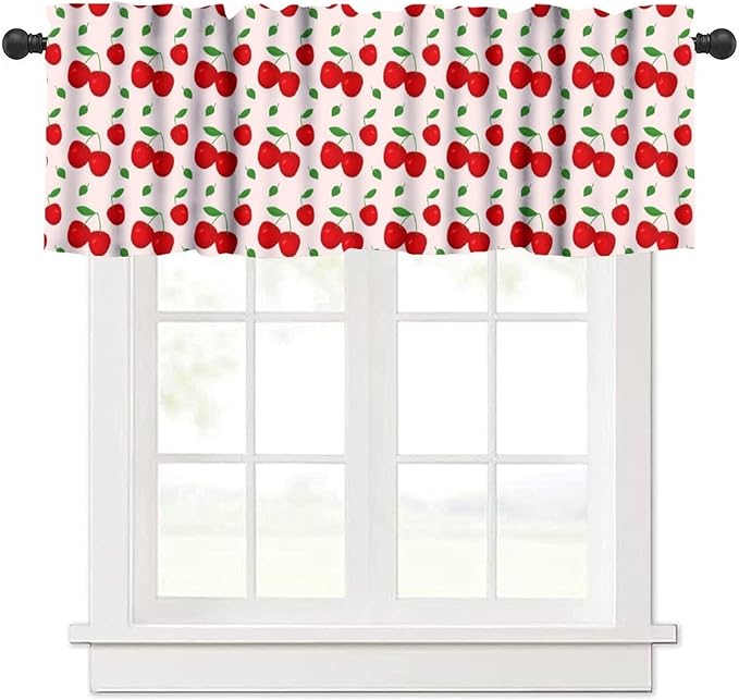 Red Cherry Curtain Valance, Cute Fruit Farmhouse Decorative Rod Pocket Window Drapes for Kitchen Dining Room Bedroom Living Room Cafe Party Home Decoration, 54x18Inch