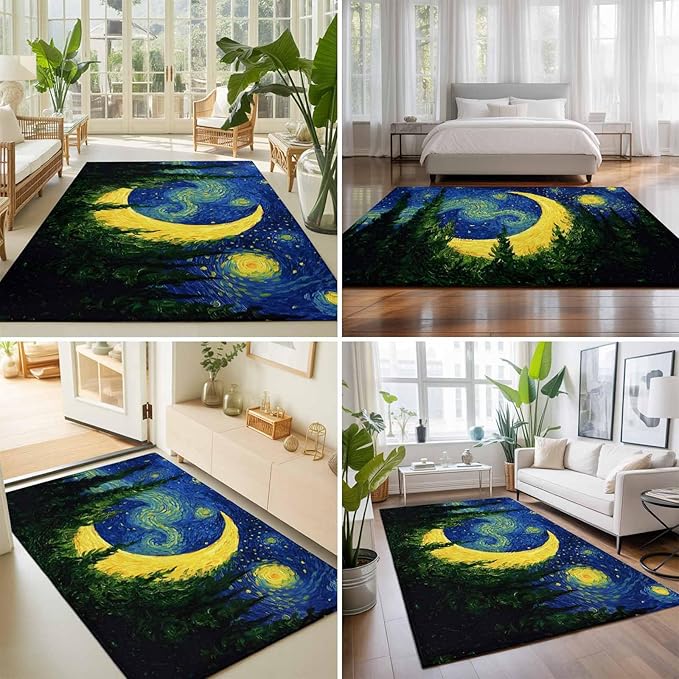 Area Rug 3x5ft, Giant Moon Forest Expressionist Art Washable Rugs for Living Room Bedroom, Dreamy Night Navy Blue Soft Non-Slip Area Rugs Rectangle Floor Carpet for Dining Room