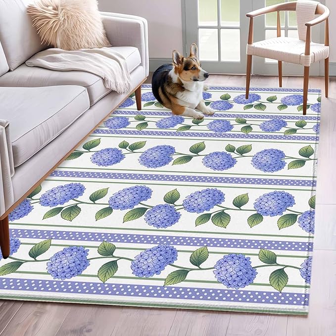 Area Rug 4x6ft, Garden Purple Hydrangea Flower Washable Rugs for Living Room Bedroom, Watercolor Floral Leaves Soft Non-Slip Area Rugs Rectangle Floor Carpet for Dining Room