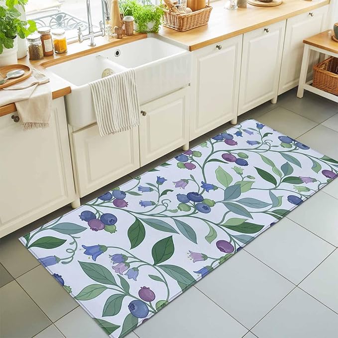 Runner Rug for Bedroom Hallway, Blueberries Bell Flowers Kitchen Runner Rugs Area Rug 2x6ft, Modern Watercolor Plants Washable Soft Floor Carpet for Entryway Stair