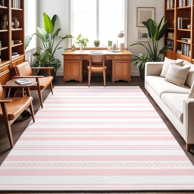 Area Rug 9x12ft, Abstract Leaf Geometric Line Washable Rugs for Living Room Bedroom Rectangle Floor Carpet, Modern Pink Stripe Theme Soft Non-Slip Area Rugs for Dining Room