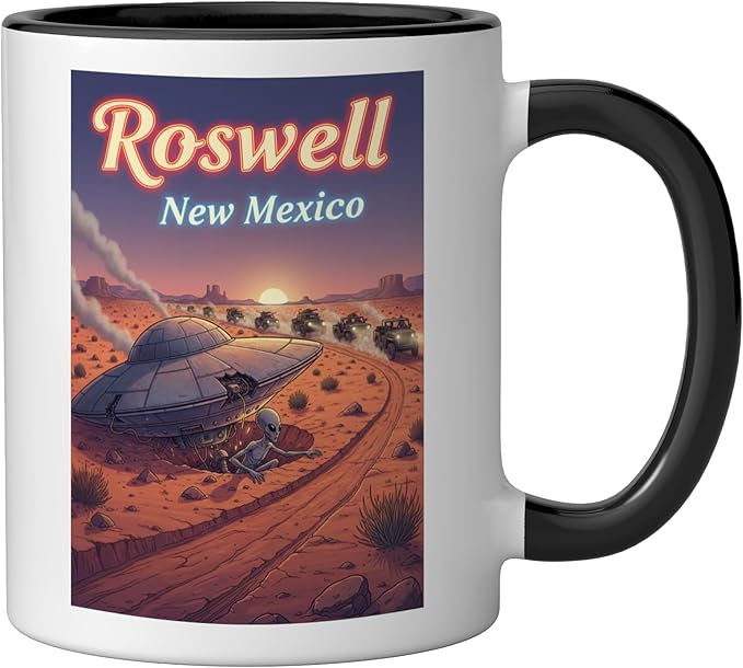 Roswell New Mexico UFO Crash in the Desert Alien Souvenir Ceramic Mug, Black/White