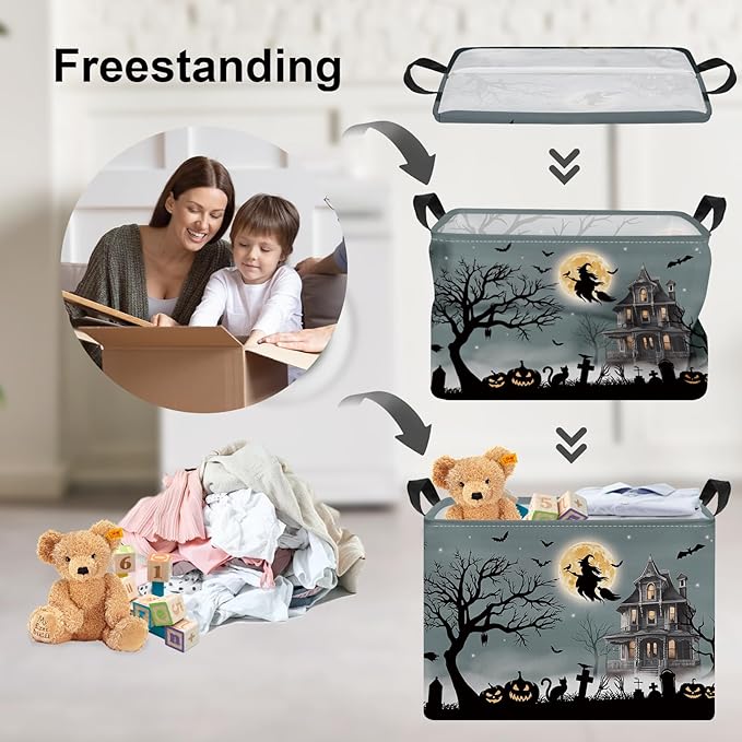 Clastyle Halloween Pumpkin Storage Basket Kid Spooky Book Gift Basket Empty Outdoor Graveyard Jack-o-lantern Boo Bin Baby Nursery Clothes Hamper Toy Box,Witch Bat,40*30*30 cm