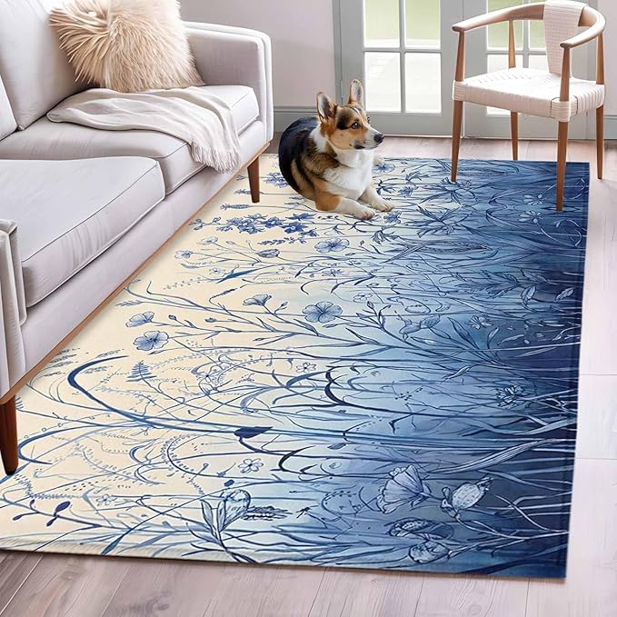 Area Rug 4x6ft, Vintage Boho Blue Wildflowers Meadow Washable Rugs for Living Room Bedroom, Abstract Flower Soft Non-Slip Area Rugs Rectangle Floor Carpet for Dining Room