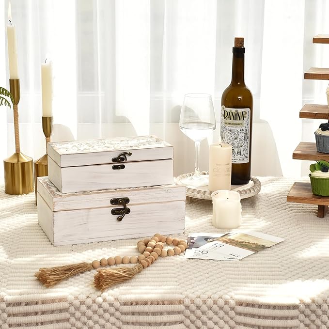 DECOR4SEASON White Wooden Storage Box Set of 2 - Distressed White-Washed Decorative Boxes with Hinged Lids - Hand Carved Solid Pine Organizer for Jewelry, Keepsakes, and Shabby Chic Home Décor