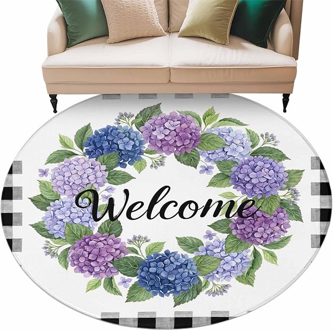 Washable Round Area Rug Summer Hydrangea Leaf Circle Rugs Floor Carpet for Living Room Bedroom, Purple Blue Flower Buffalo Check Soft Non Slip Round Rug 5ft