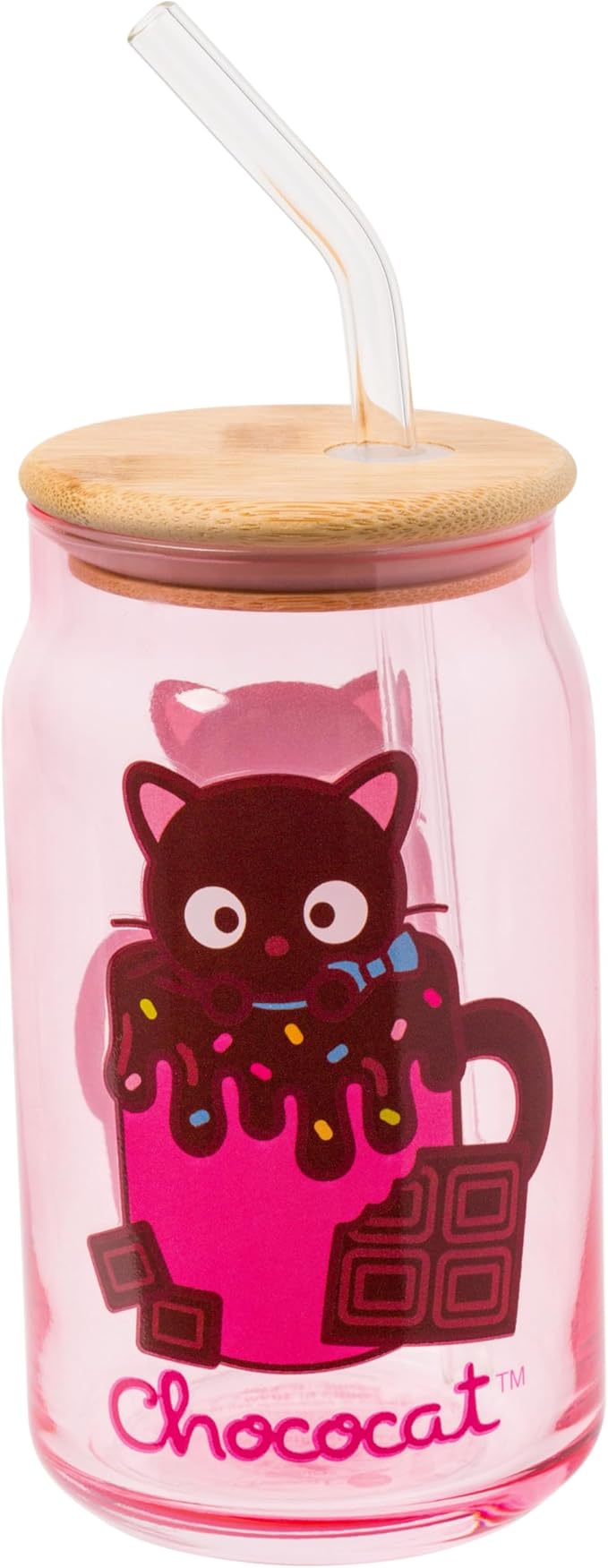 Silver Buffalo Sanrio Hello Kitty & Friends Chococat Chocolate Pink Glass Jar Tumbler with Bamboo Lid and Glass Straw, 16 Ounces