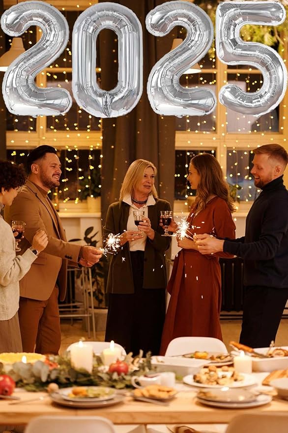 Huge Silver 2025 New Year Balloons 40 Inch 2025 Silver Mylar Foil Helium Number Balloons 2025 Christmas New Year Eve Graduation Party Decorations Supplies