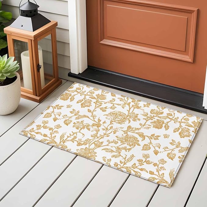 Area Rug 2x3ft, Vintage Farmhouse Flowers Pattern Washable Rugs for Living Room Bedroom, Yellow Floral Art Soft Non-Slip Area Rugs Rectangle Floor Carpet for Dining Room