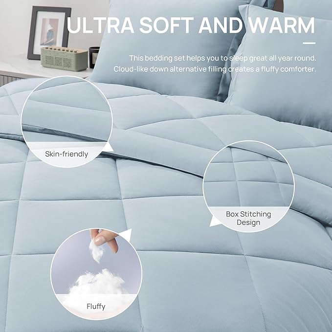 Love's cabin Twin XL Comforter Set Light Blue, 5 Pieces Twin XL Bed in a Bag, All Season Bedding Sets with 1 Comforter, 1 Flat Sheet, 1 Fitted Sheet, 1 Pillowcase and 1 Pillow Sham | Soft, Breathable, Lightweight, Comfortable
