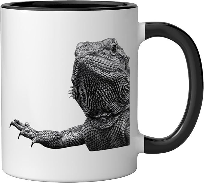 Bearded Dragon Alien Saucer Sci Fi Reptile Kids Ceramic Mug, Black/White